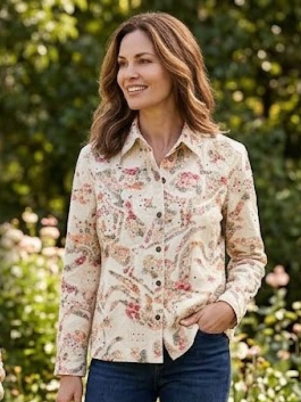 Chico's Design Floral Embroidered Button Front Jacket Size 2 L Cream Beaded